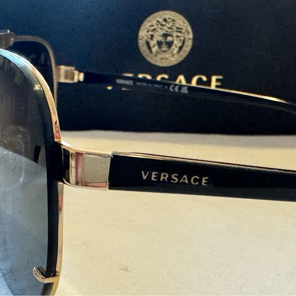Versace VE2140 Shield Sunglasses – Gold/Black – Authentic, With Box & Papers